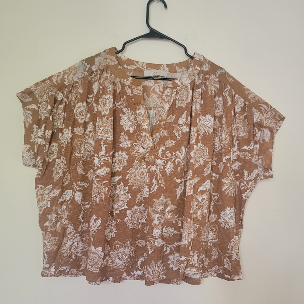 LOFT Floral Blouse XXL Camel Brown V-Neck Dolman Sleeve Boho Cropped Mixed Media